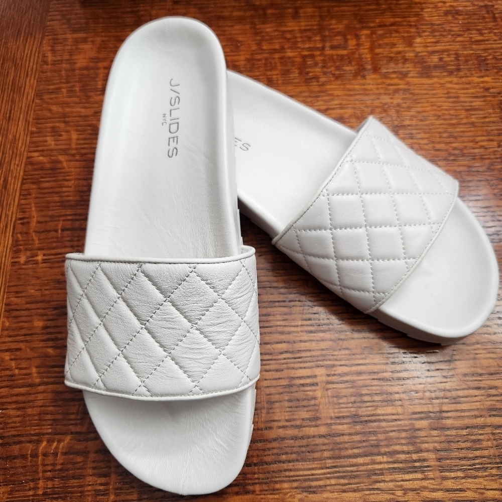 J/SLIDES NYC White Quilted Leather upper Slides Size 9 M NWT